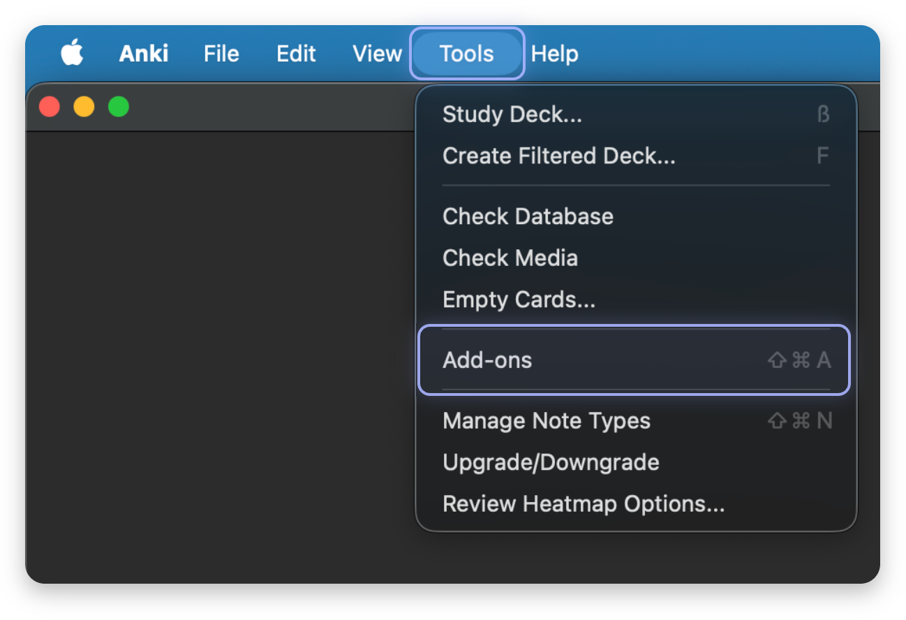 Screenshot, marked: Tools, Add-ons
