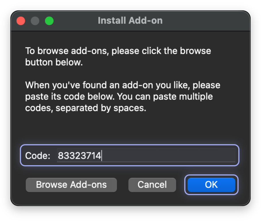 Screenshot, marked: Code, OK