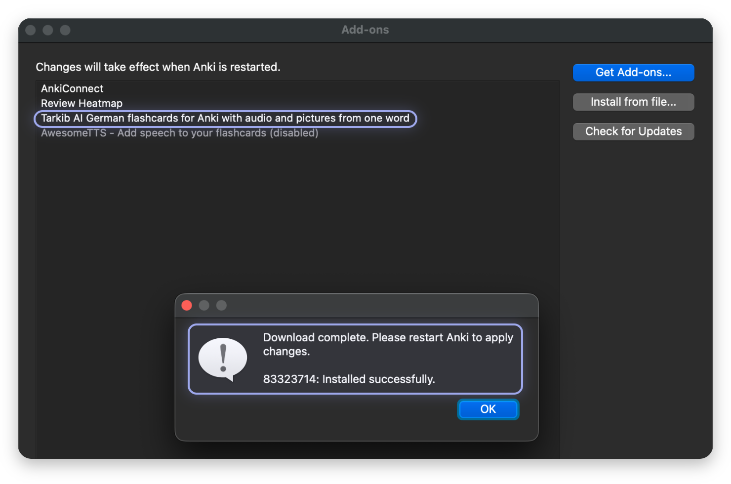 Screenshot, marked: Tarkib, Restart Anki