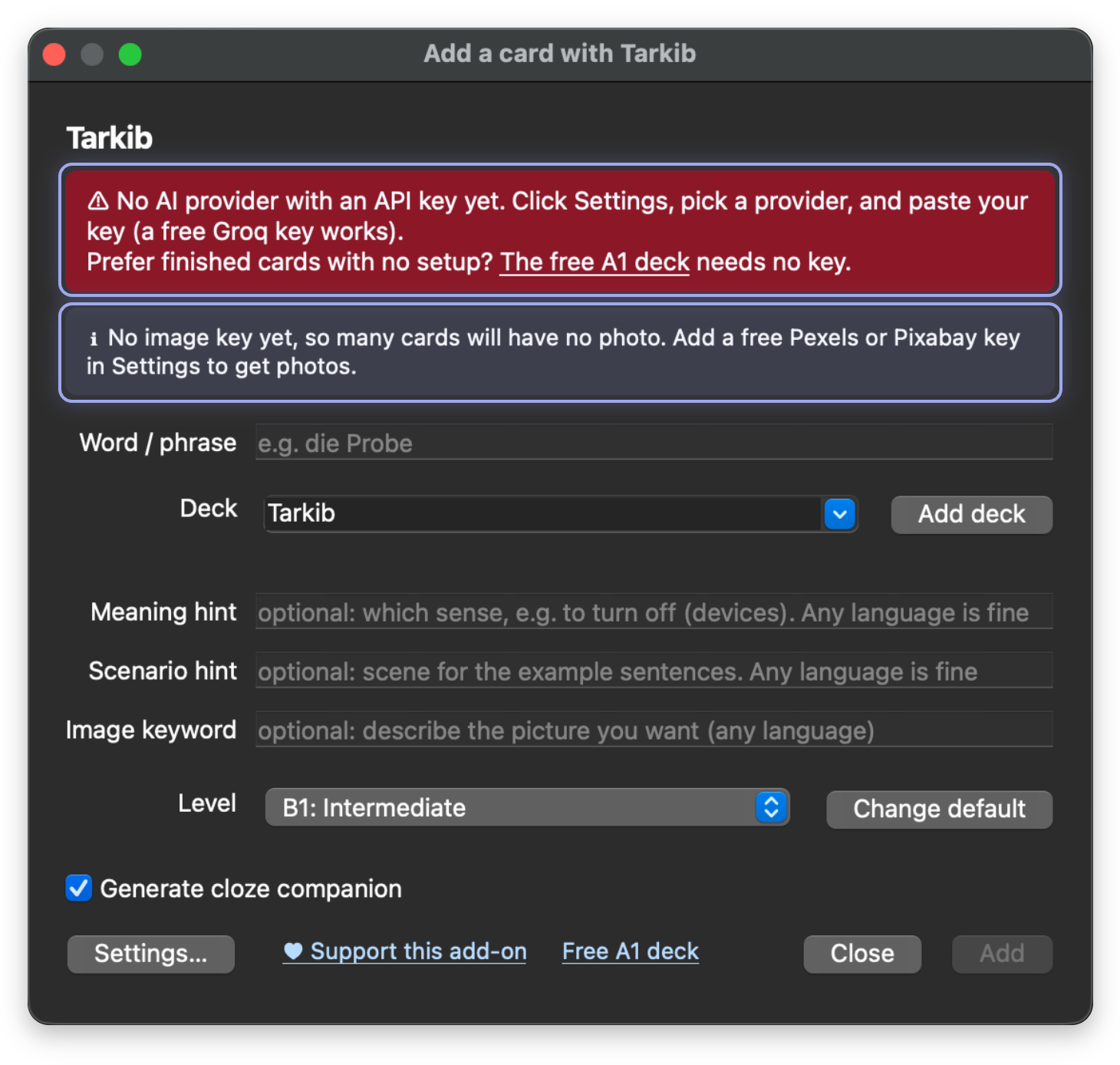 Screenshot, marked: No AI key, No image key
