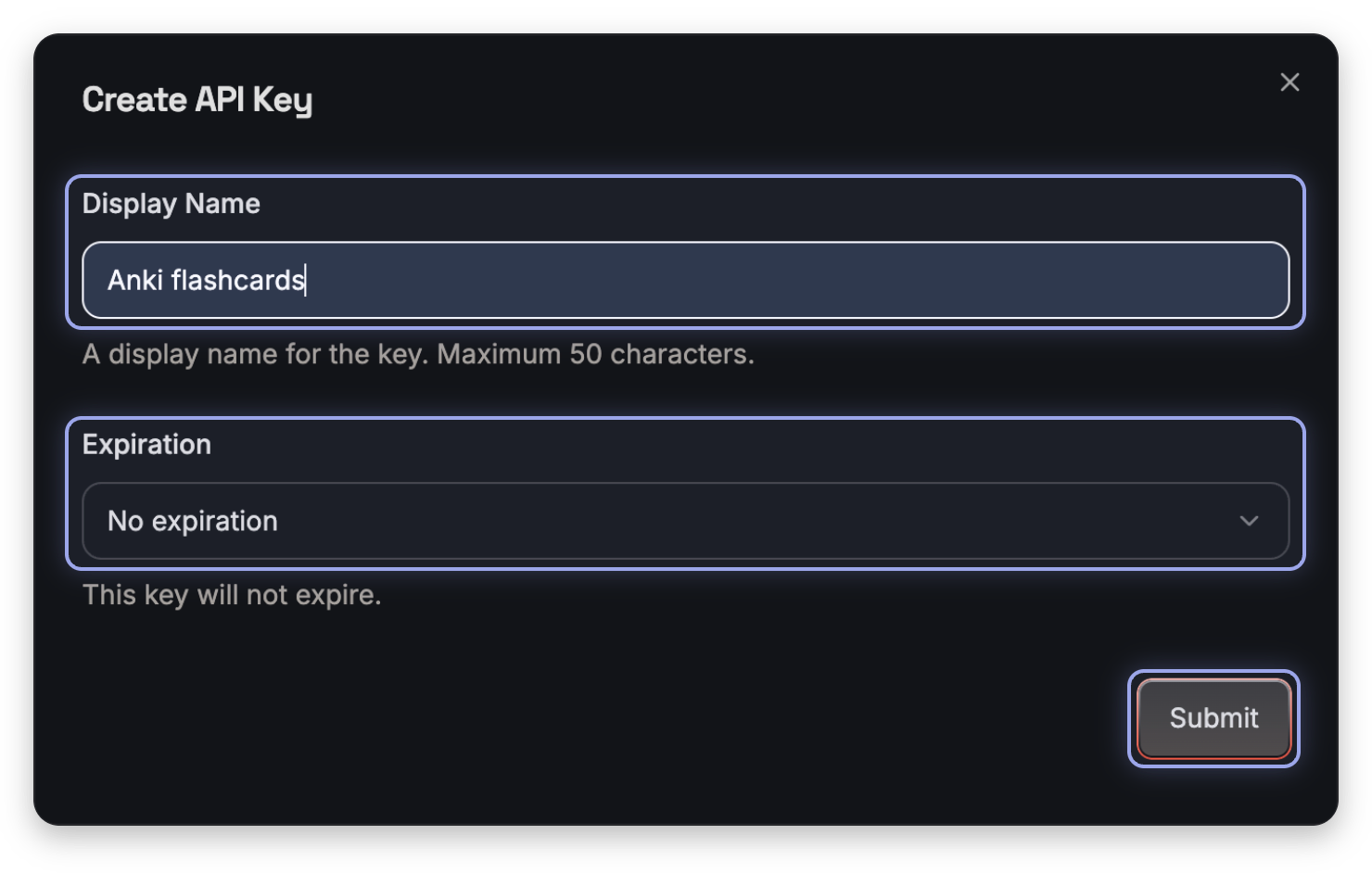 Screenshot, marked: Display Name, Expiration, Submit