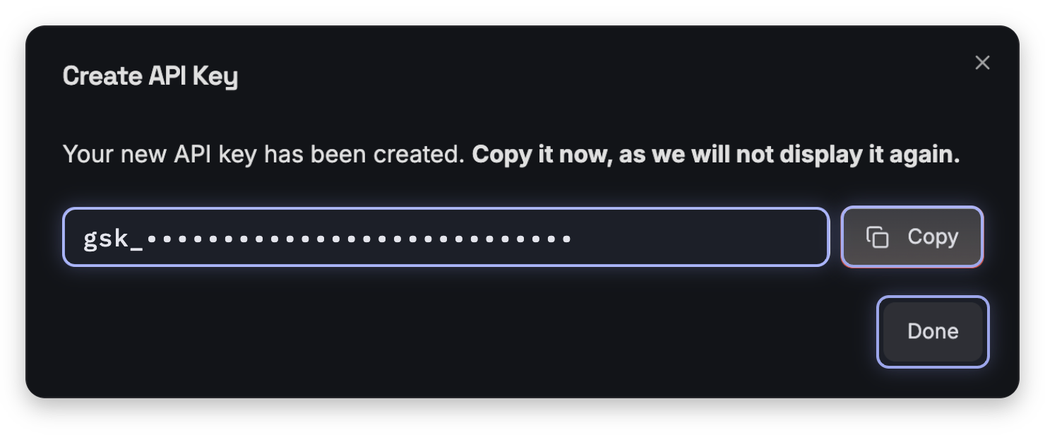 Screenshot, marked: Your new key, Copy, Done