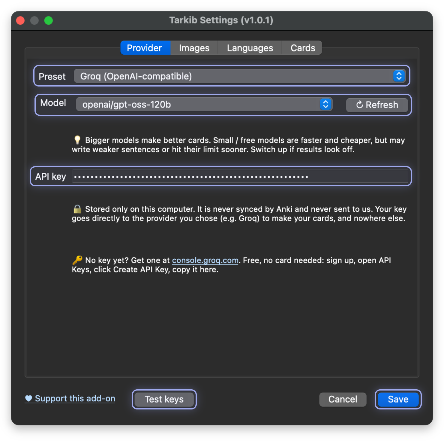 Screenshot, marked: Preset, Model, API key, Test keys, Save
