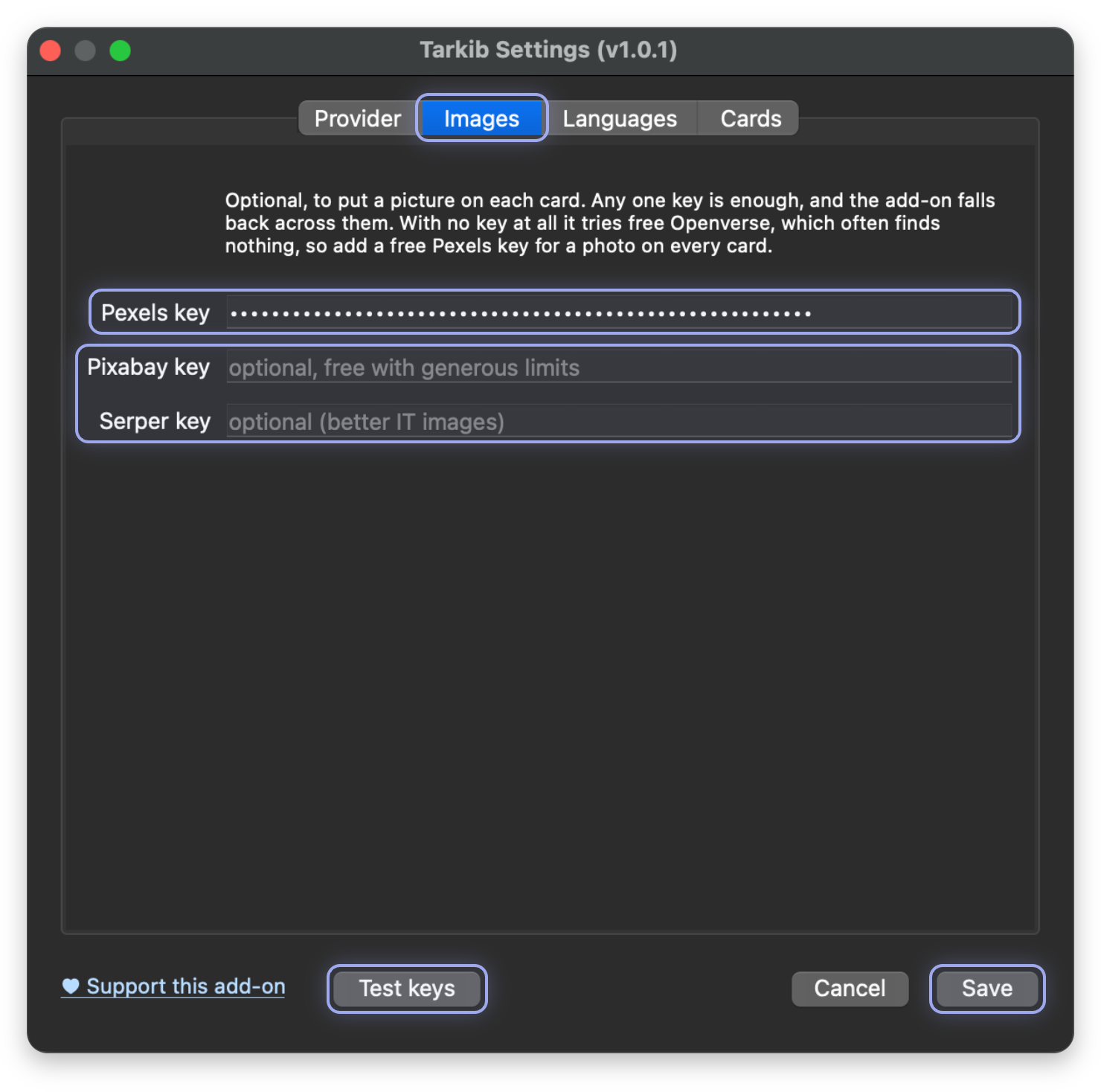Screenshot, marked: Images tab, Pexels key, Pixabay and Serper, Test keys, Save