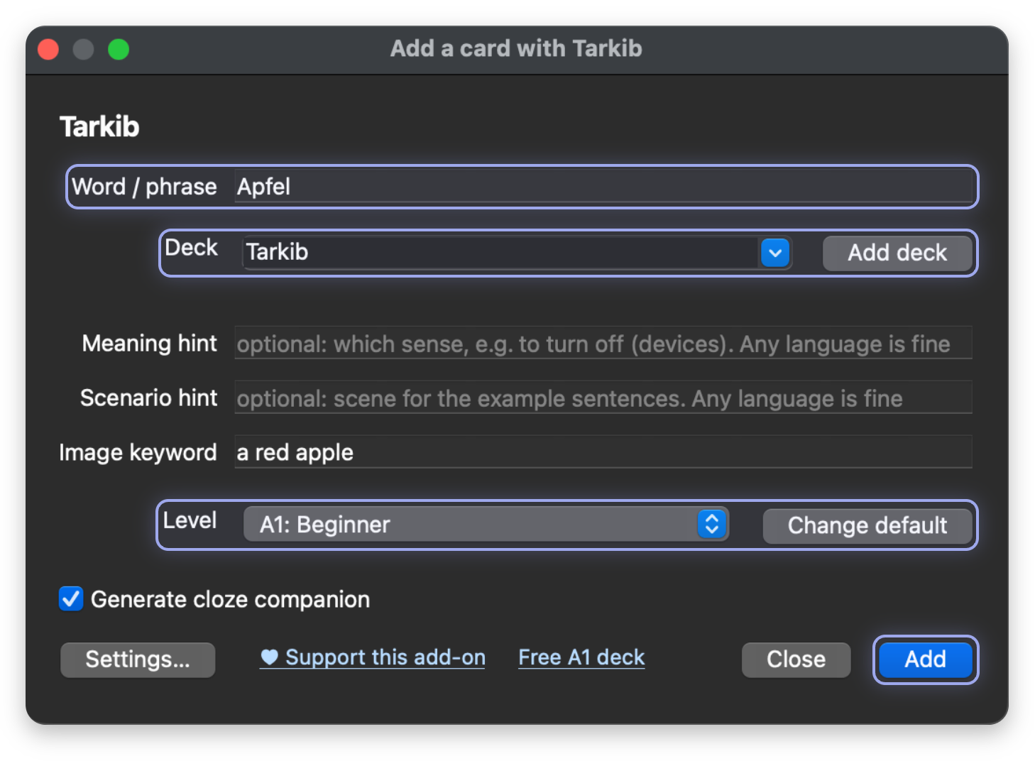 Screenshot, marked: Word or phrase, Deck, Level, Add