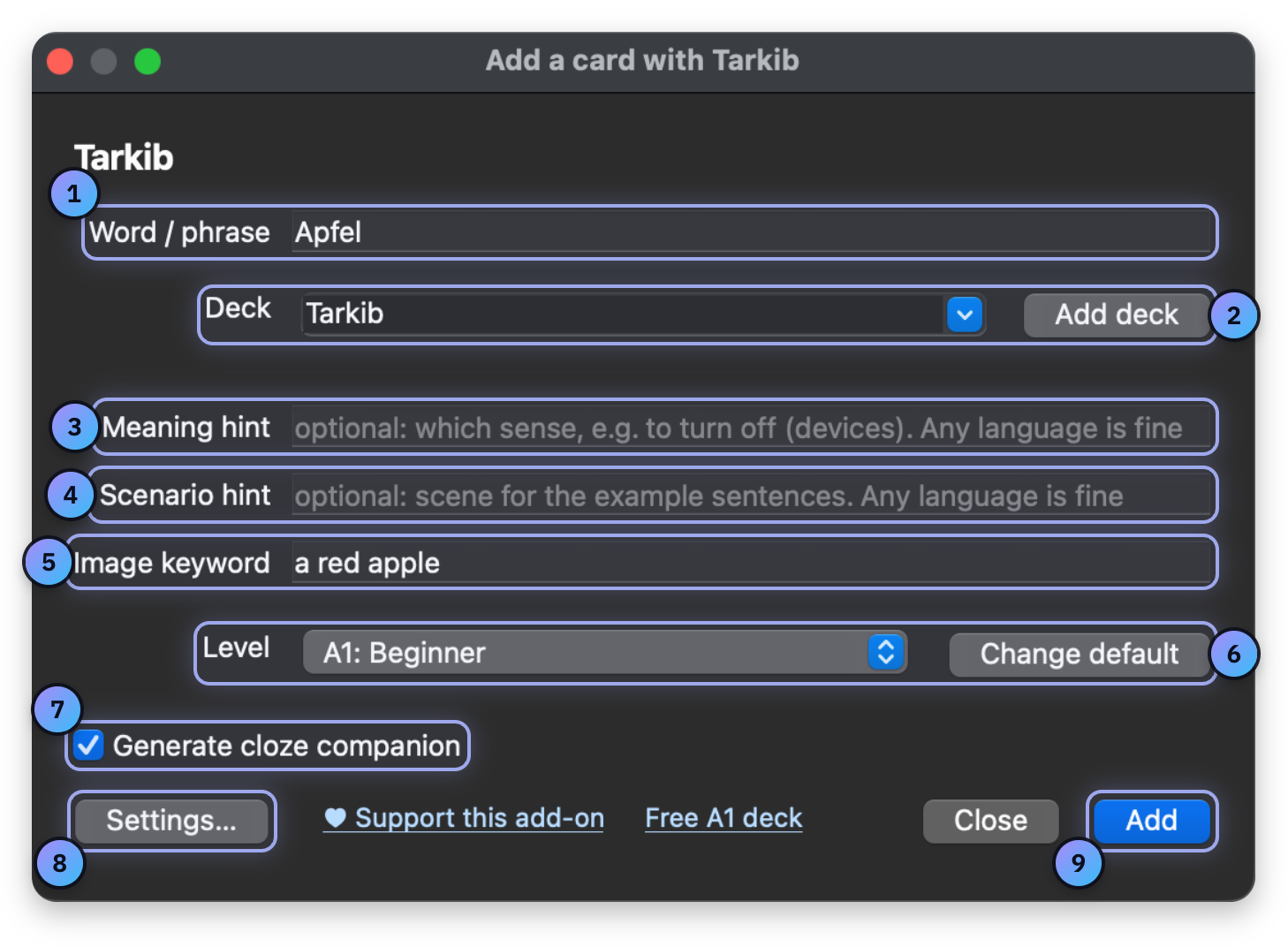 Screenshot with numbered marks: Word or phrase, Deck, Meaning hint, Scenario hint, Image keyword, Level, Generate cloze companion, Settings, Add