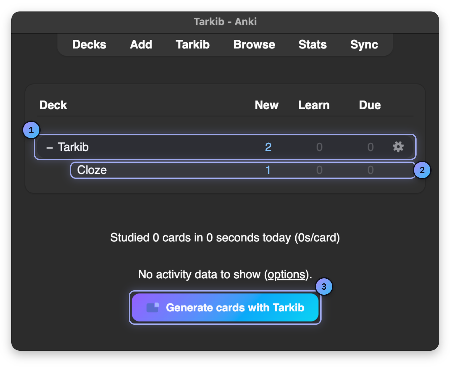 Screenshot with numbered marks: Tarkib deck, Cloze subdeck, Next card