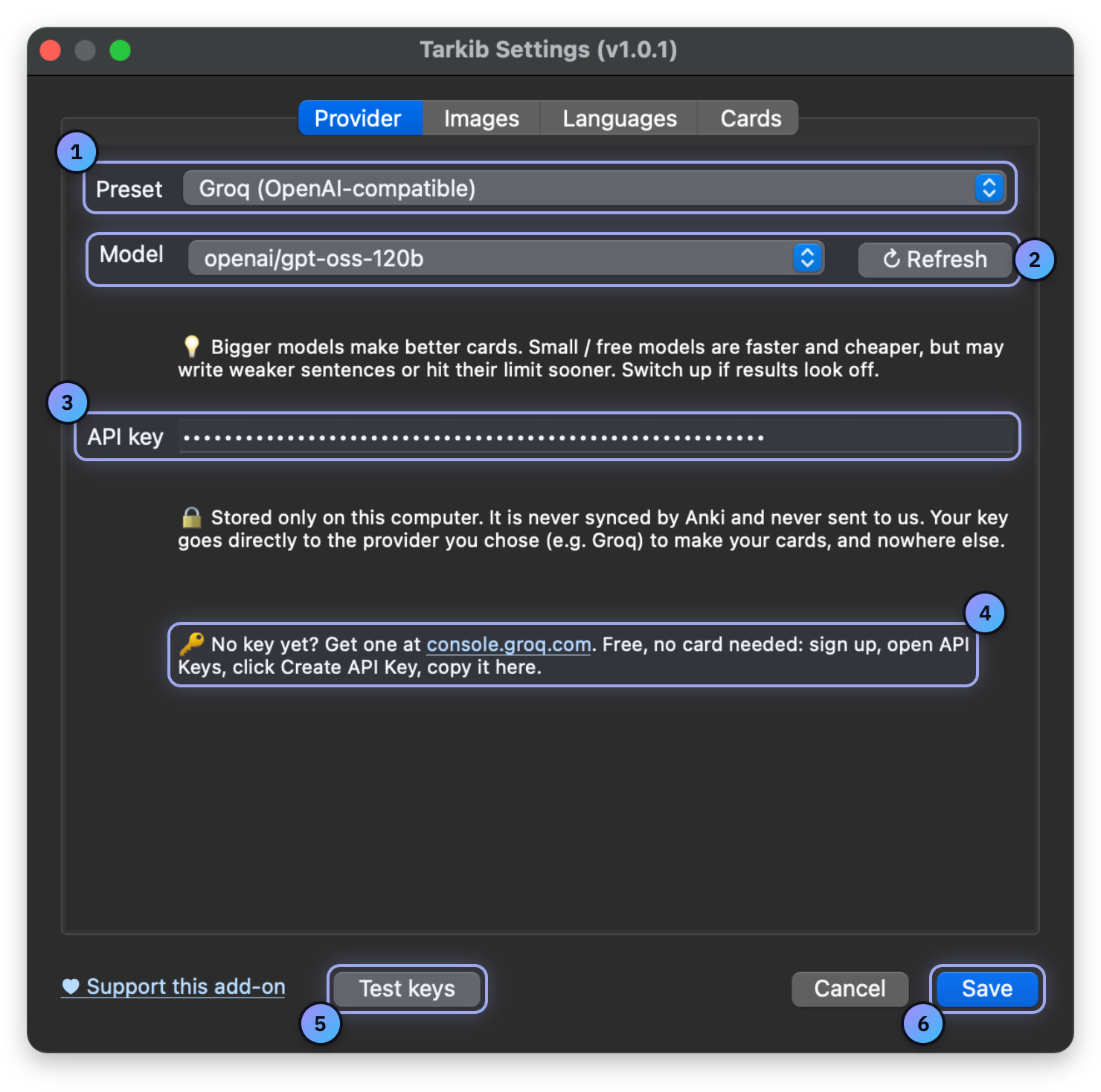 Screenshot with numbered marks: Preset, Model and Refresh, API key, Get a key, Test keys, Save