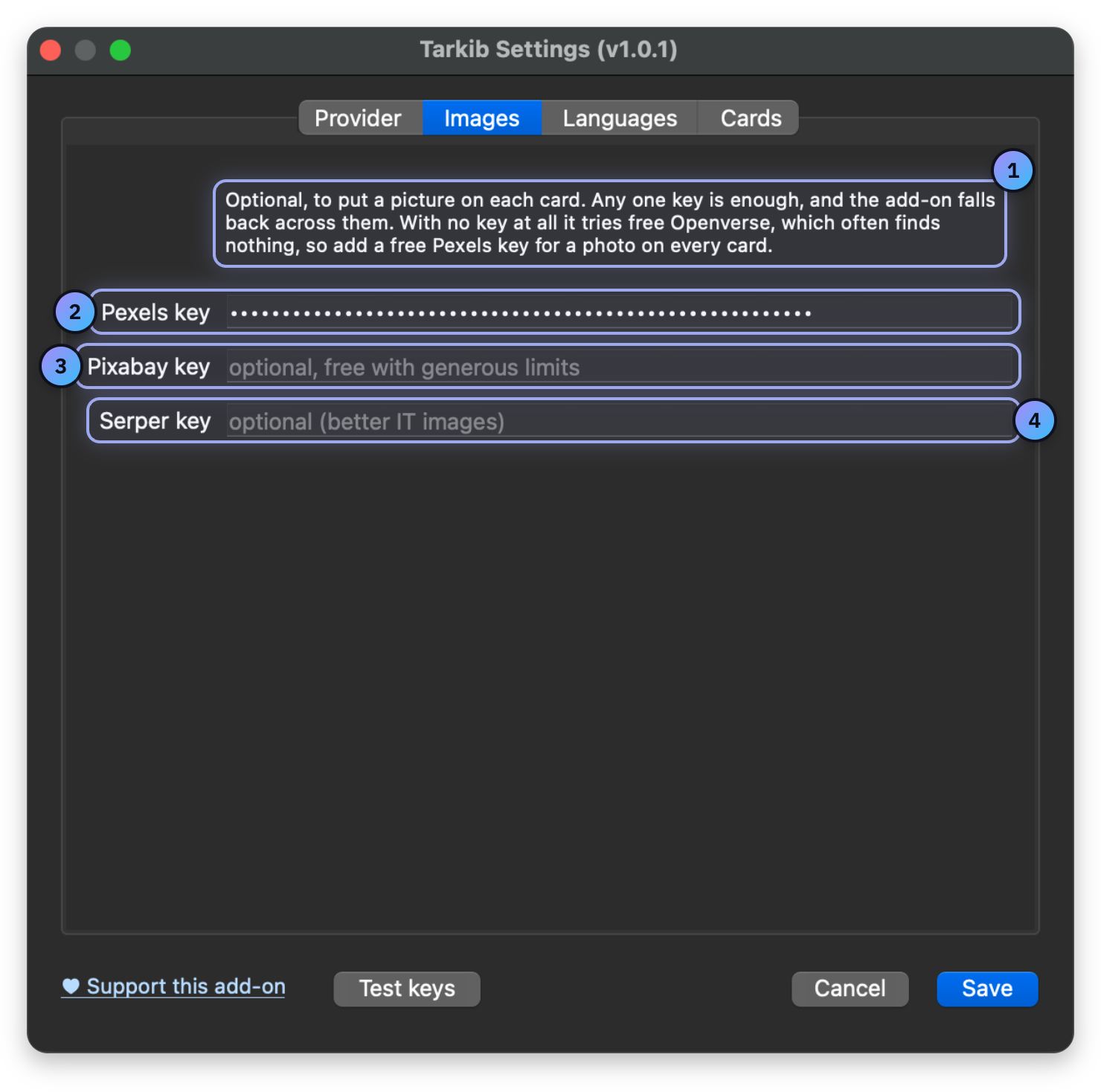 Screenshot with numbered marks: Without a key, Pexels key, Pixabay key, Serper key