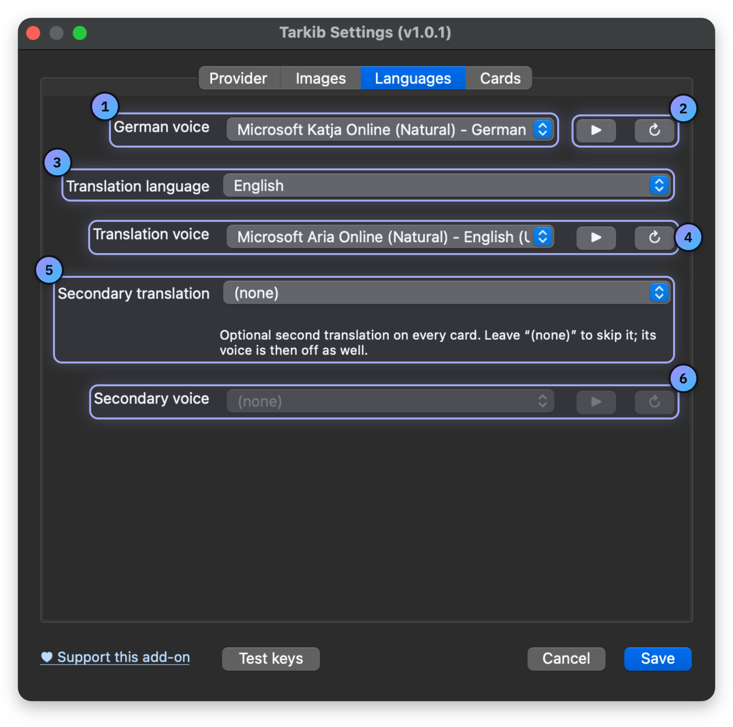 Screenshot with numbered marks: German voice, Play and refresh, Translation language, Translation voice, Secondary translation, Secondary voice