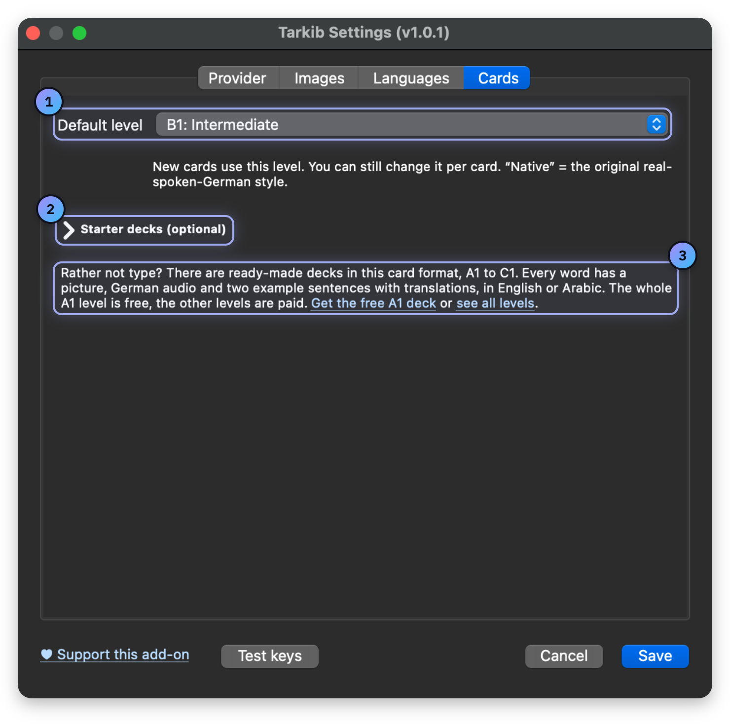 Screenshot with numbered marks: Default level, Starter decks, Ready-made decks