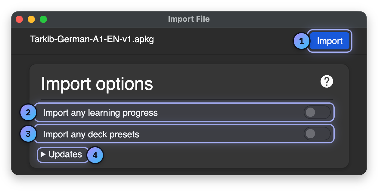 Screenshot with numbered marks: Import, Import any learning progress, Import any deck presets, Updates