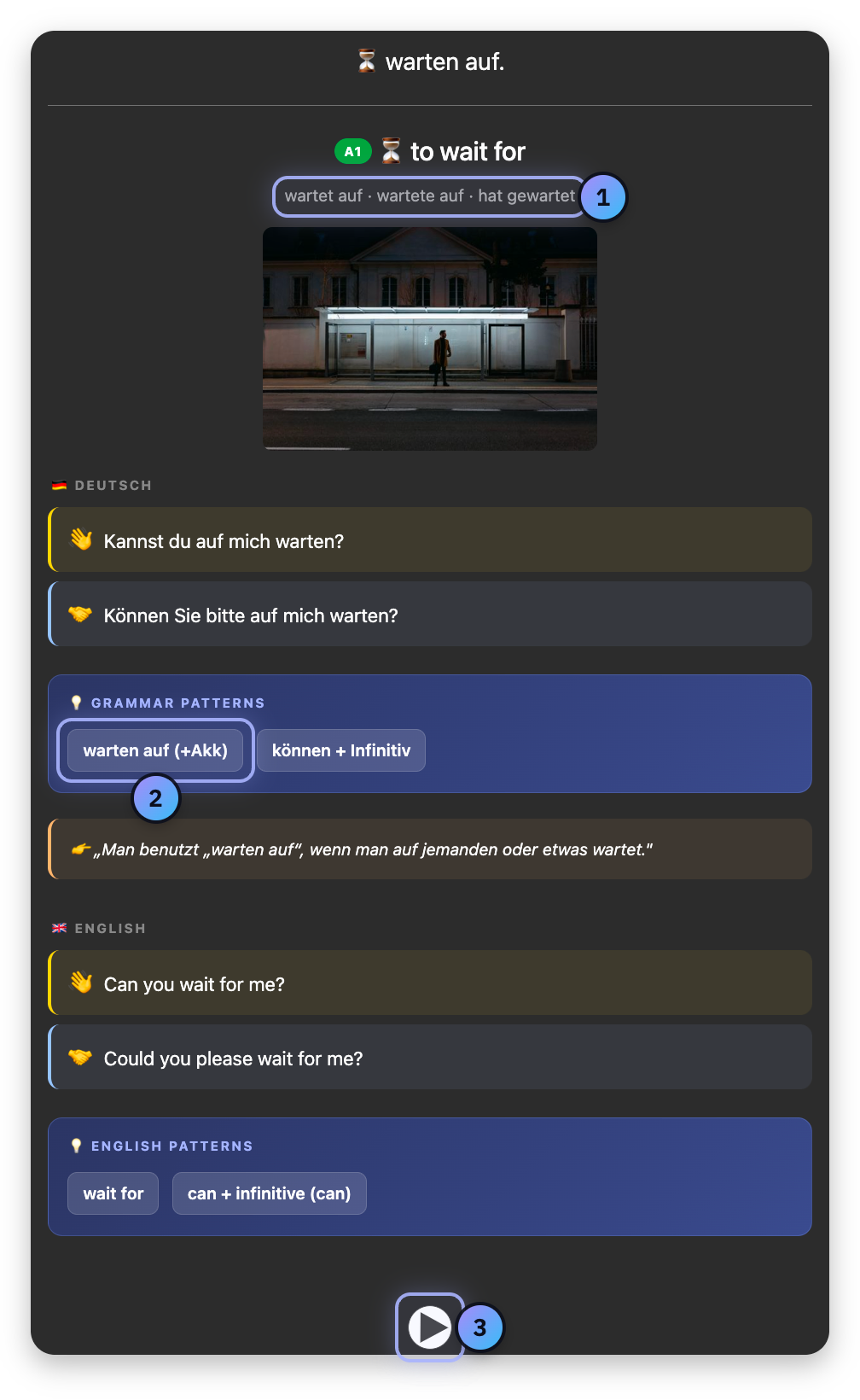 Screenshot with numbered marks: Verb forms, Preposition and case, Sound