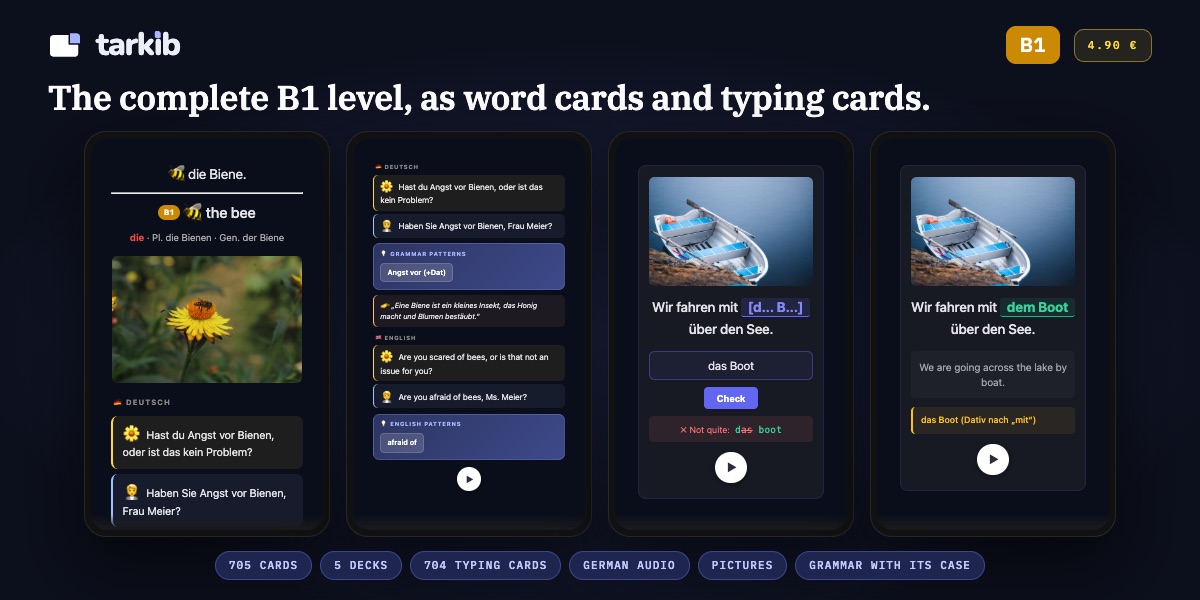 German B1 flashcards for Anki: the word card for die Biene with its genitive, and a typing card that asks for dem Boot after mit