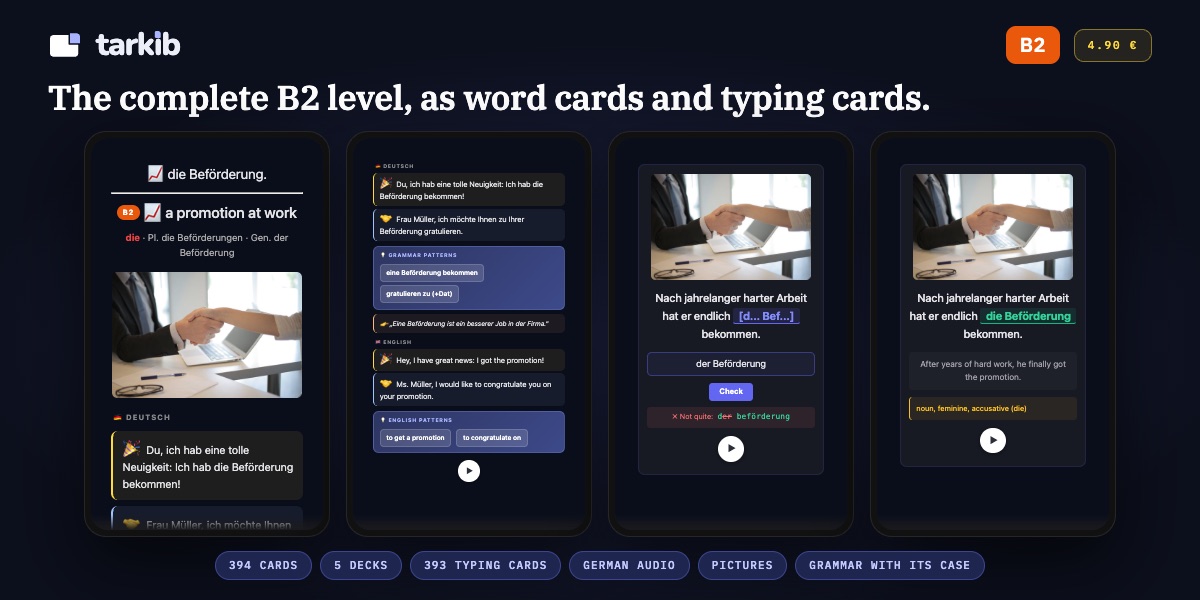 German B2 flashcards for Anki: the word card for die Beförderung and a typing card that marks the wrong article