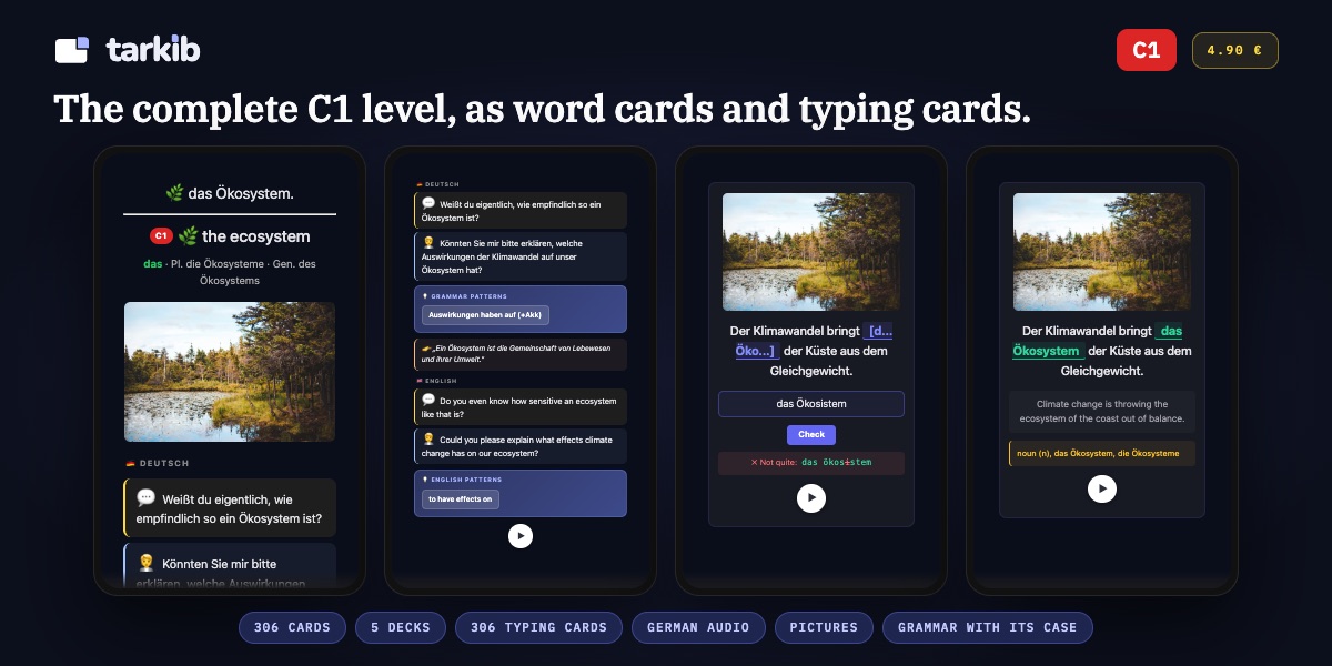 German C1 flashcards for Anki: the word card for das Ökosystem and a typing card checked letter by letter