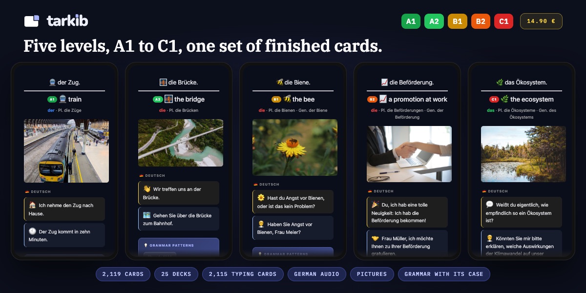 German flashcards for Anki from A1 to C1: one word card from each level, from der Zug to das Ökosystem
